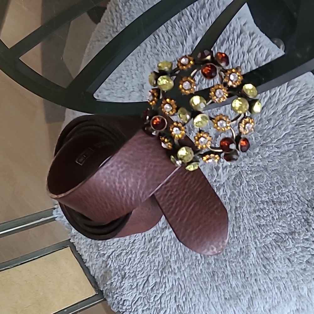 Marks & Spencer Brown Leather Belt with Decorative Gem Buckle